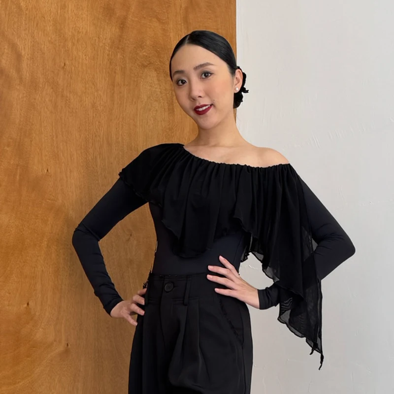 Schwarz Mesh Ballroom Dance Kostüm Frauen Lange Ärmel Bühne Body Erwachsene Walzer Modern Dance Performance Praxis Tops XH2919