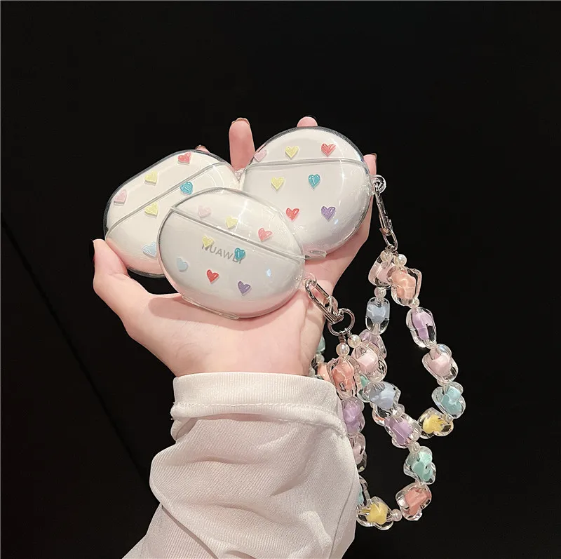 Ins Coréen Étui pour Huawei Freebuds Pro 4 4E 4i Transparent Housse de Casque avec Amour Bracelet pour Huawei Freebuds 3