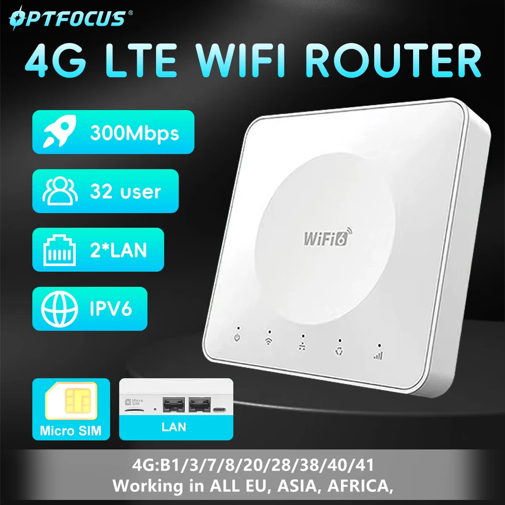 

OPTFOCUS 4G LTE WIFI Маршрутизатор 300 Мбит/с WIFI6 BOX Модем 2,4 ГГц Беспроводной маршрутизатор 2 порта LAN Карманная точка доступа 32 устройства Маршрутизатор для SIM-карты