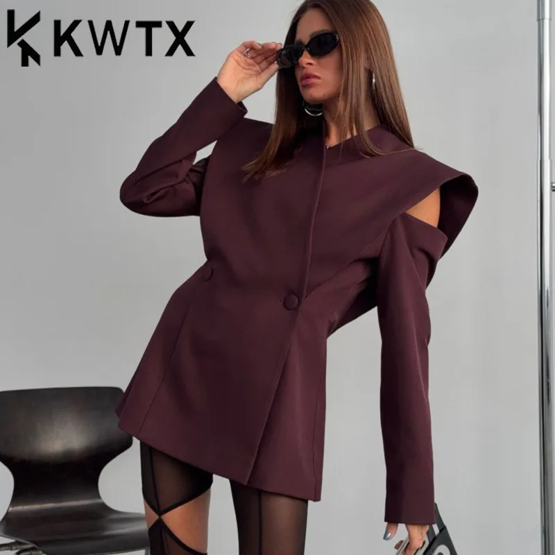

2026 Trendy Women's Ivory Blazer Dress, Asymmetric Cold Shoulder Cutout Design Oversized Jacket Dress, Elegant Minimalist Style