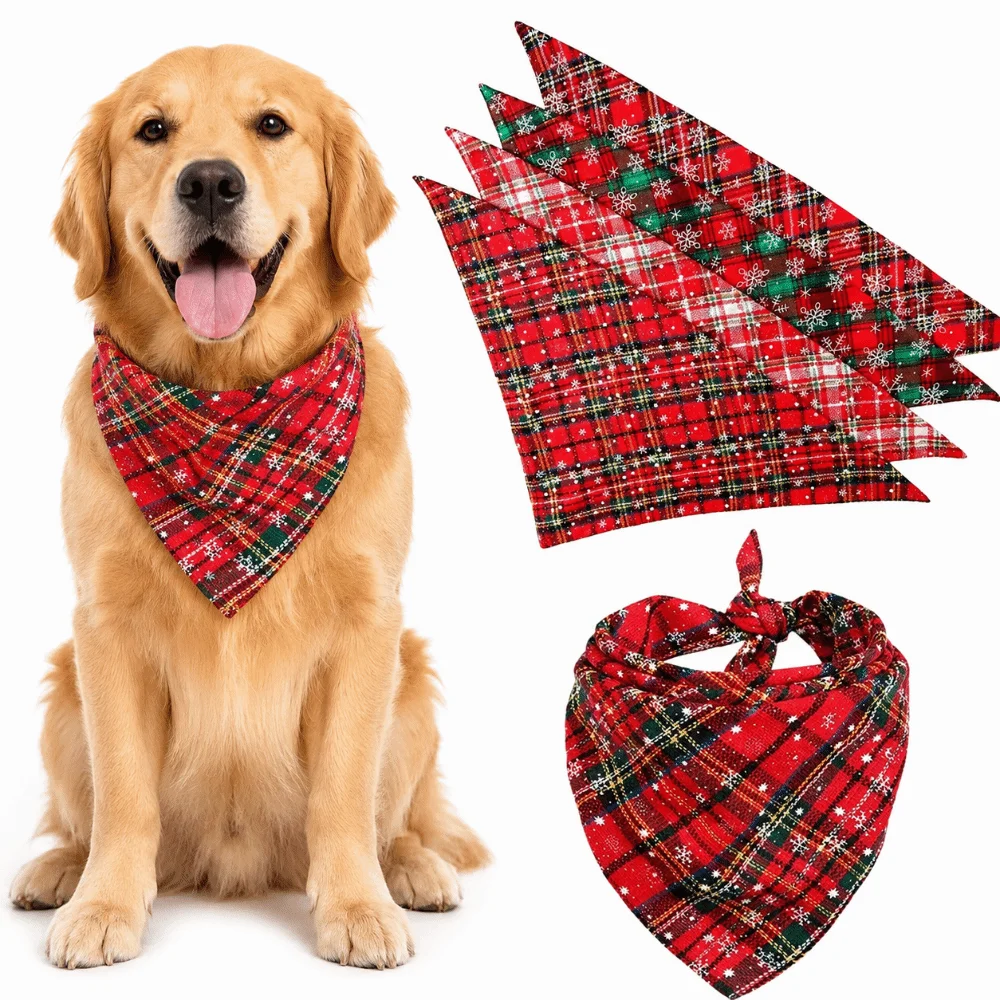 Washable Cotton Dog Bandanas Reversible Design Triangle Bids Pet Scarf Snowflakes Print Large Size Pet Neckerchief For Cats