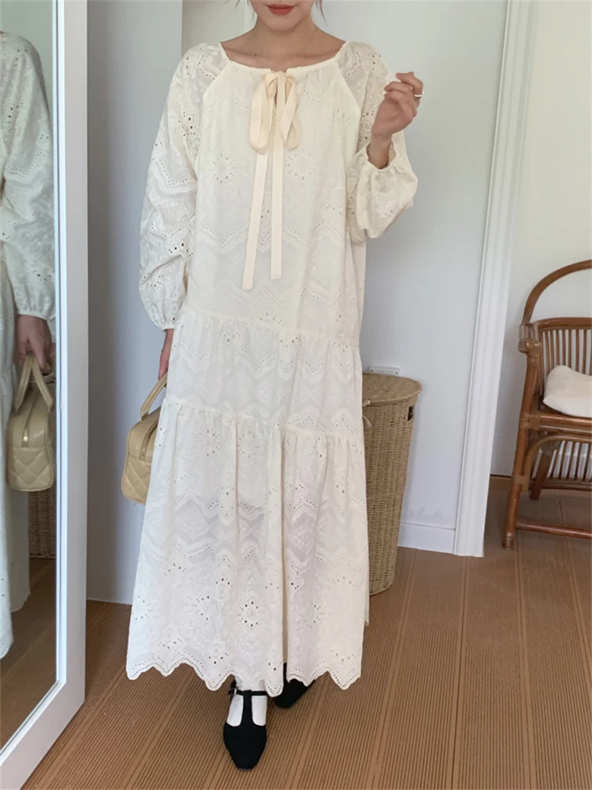 Alien Kitty Straight Long Apricot Dress Women Gentle Casual Office Wear Daily Autumn Chic 2023 Lace Loose Full Sleeve New Slim