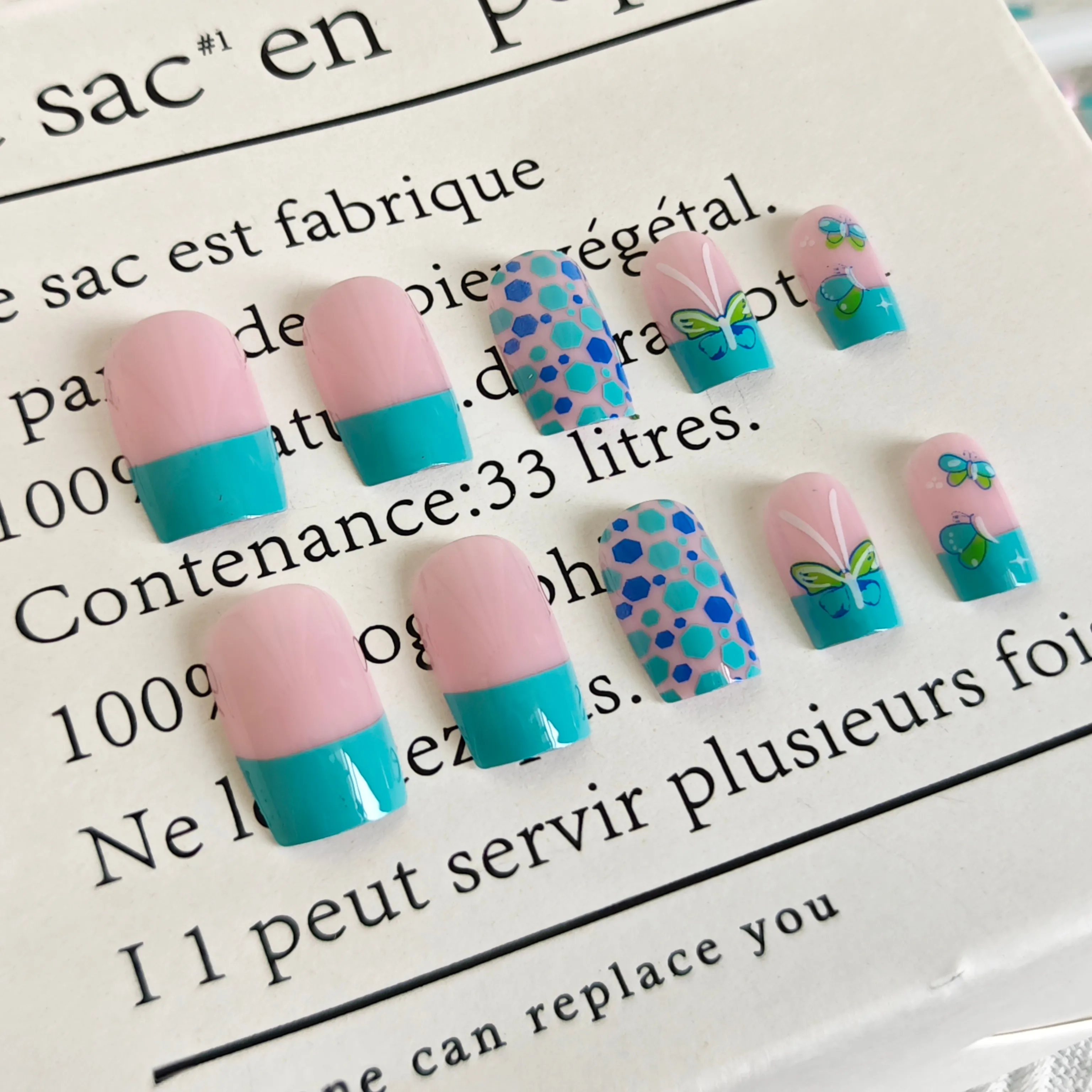 

24pcs Aqua Butterfly Nails Blue Green Euro Square Press-Ons Medium Length Fake Nails Set For Women