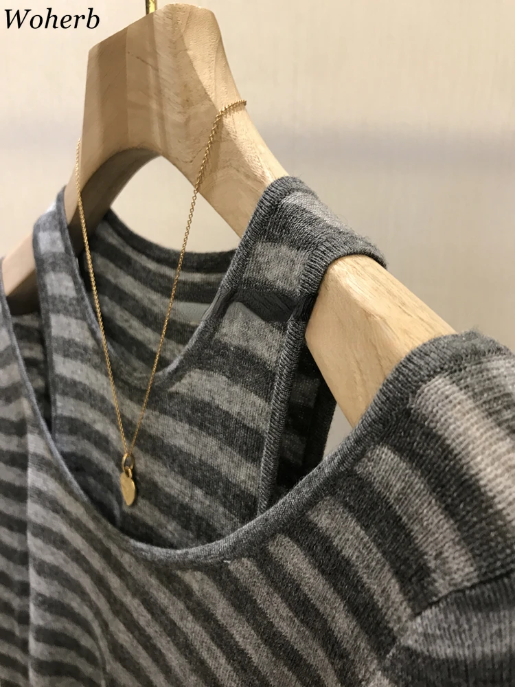 

Fake Two Pieces Fashion Pullover Tops Women Casual Loose Striped Sweaters Sueter De Mujer All Match Y2K Sweater Woman Clothes