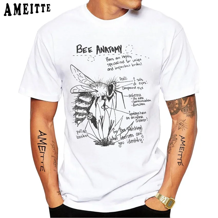 Fashion Bee Anatomy Print T-Shirt Funny Honey Bee Anatomy Chart Men's White Tops Hipster Man Tee shirt Clothing