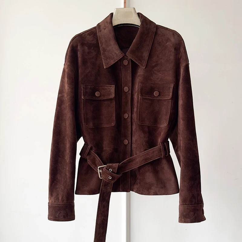 Chaqueta de piel de cabra de piel auténtica para mujer, abrigos de ante para niño, solapa informal, cinturón con cordones, chaqueta ajustada de cuero auténtico, Tops 2026