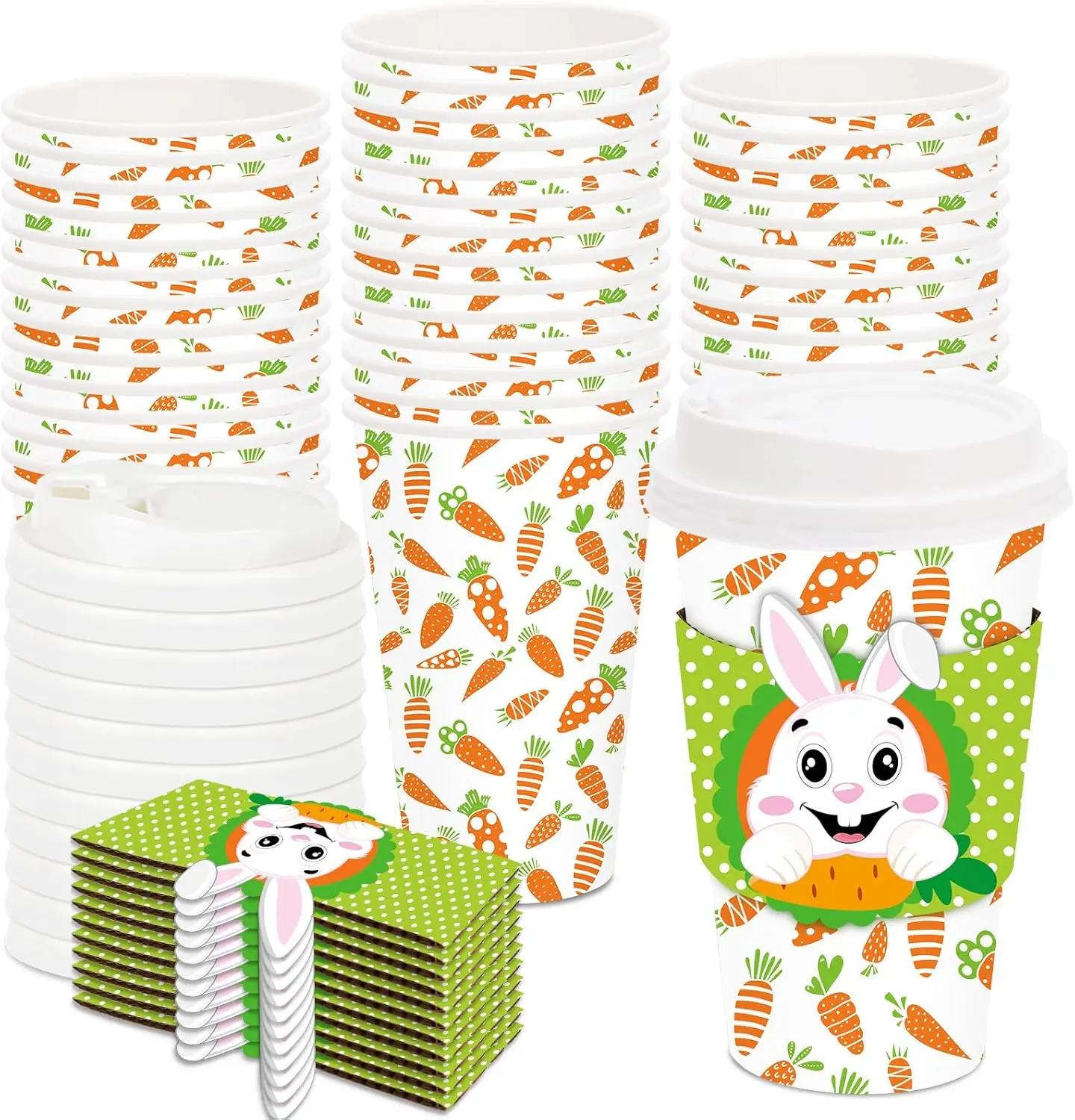 

50 Pack Bunny Carrot Disposable Coffee Cups with Lids and Sleeves Spring Cute Rabbit Paper Drinking Cups Green White Pap