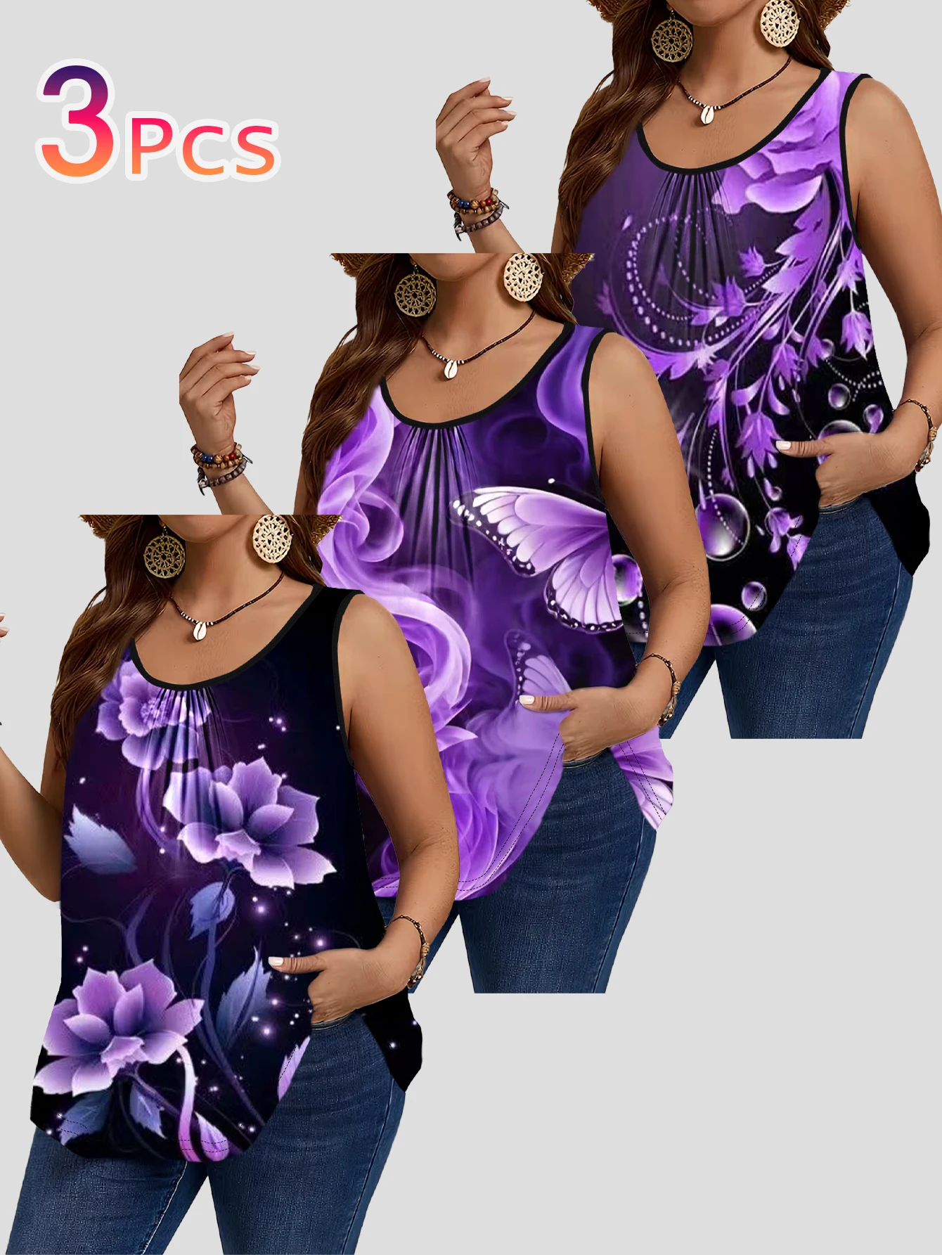 3-Piece Set of Plus-Size Sleeveless Vests｜Dreamy Purple Mist Butterfly Floral Print Loose-Fitting Round-Neck Casual Outerwear Top