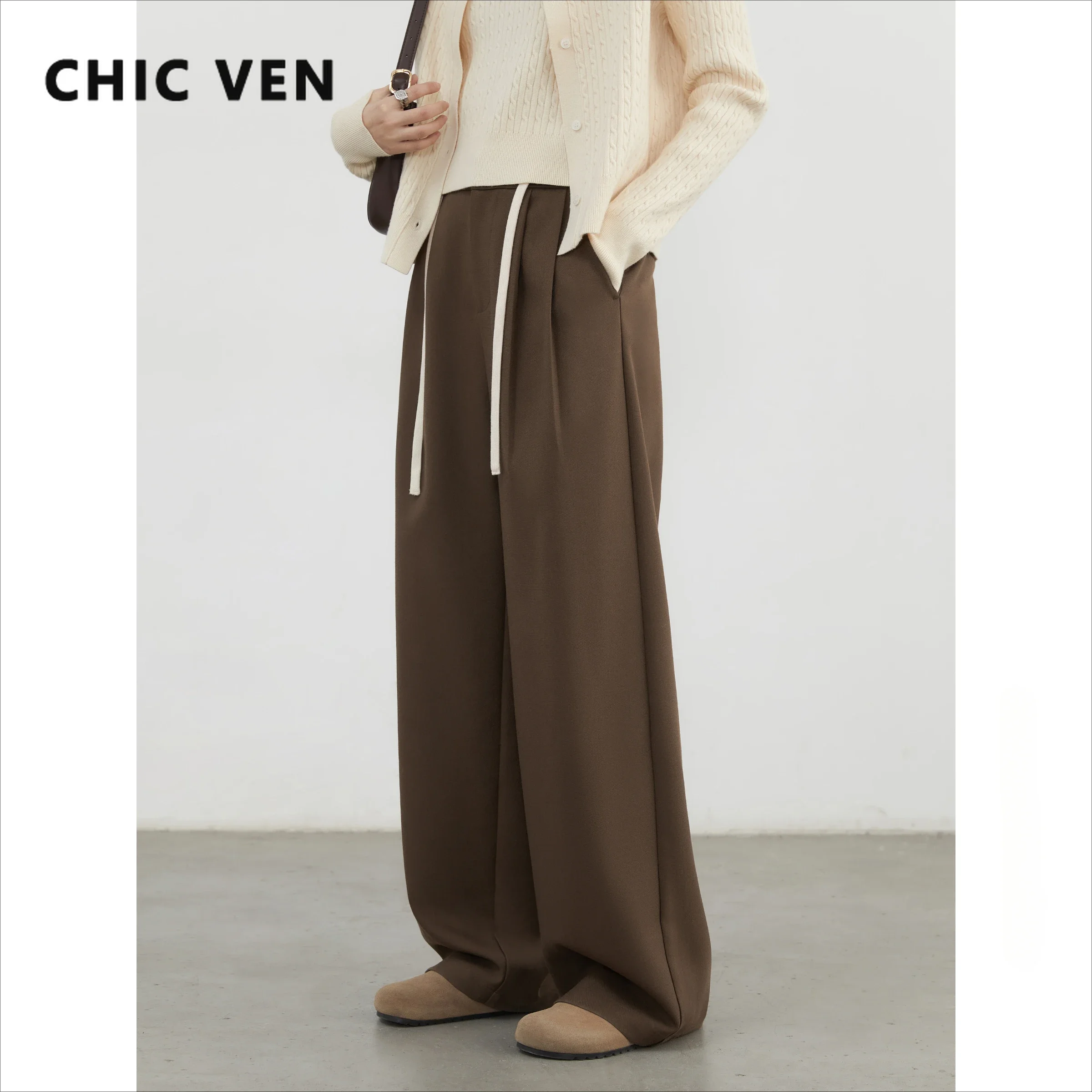 CHIC VEN Women Pants New High Waisted Contrast Drawstring Sports Casual Female Trousers Wide Leg Pants Spring Autumn 2025