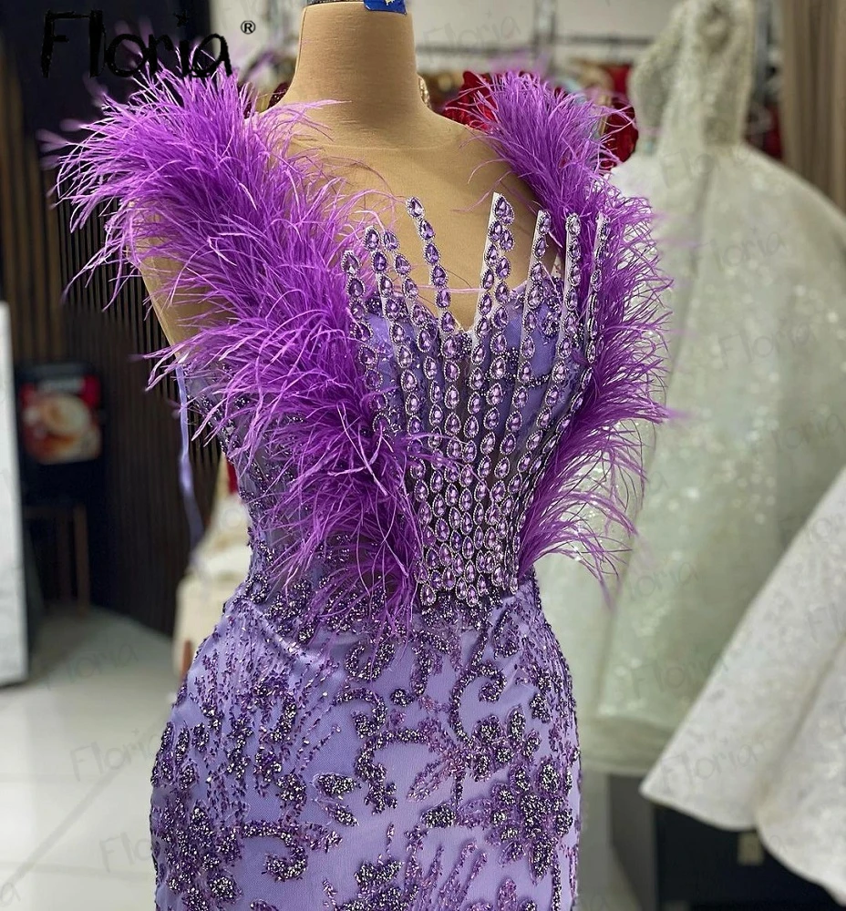 Vestido de fiesta sin mangas de plumas lilas, Vestidos de Noche de lujo con cuentas de cristales, Vestidos de Noche de boda hechos a medida, elegantes vestidos de graduación formales 2023