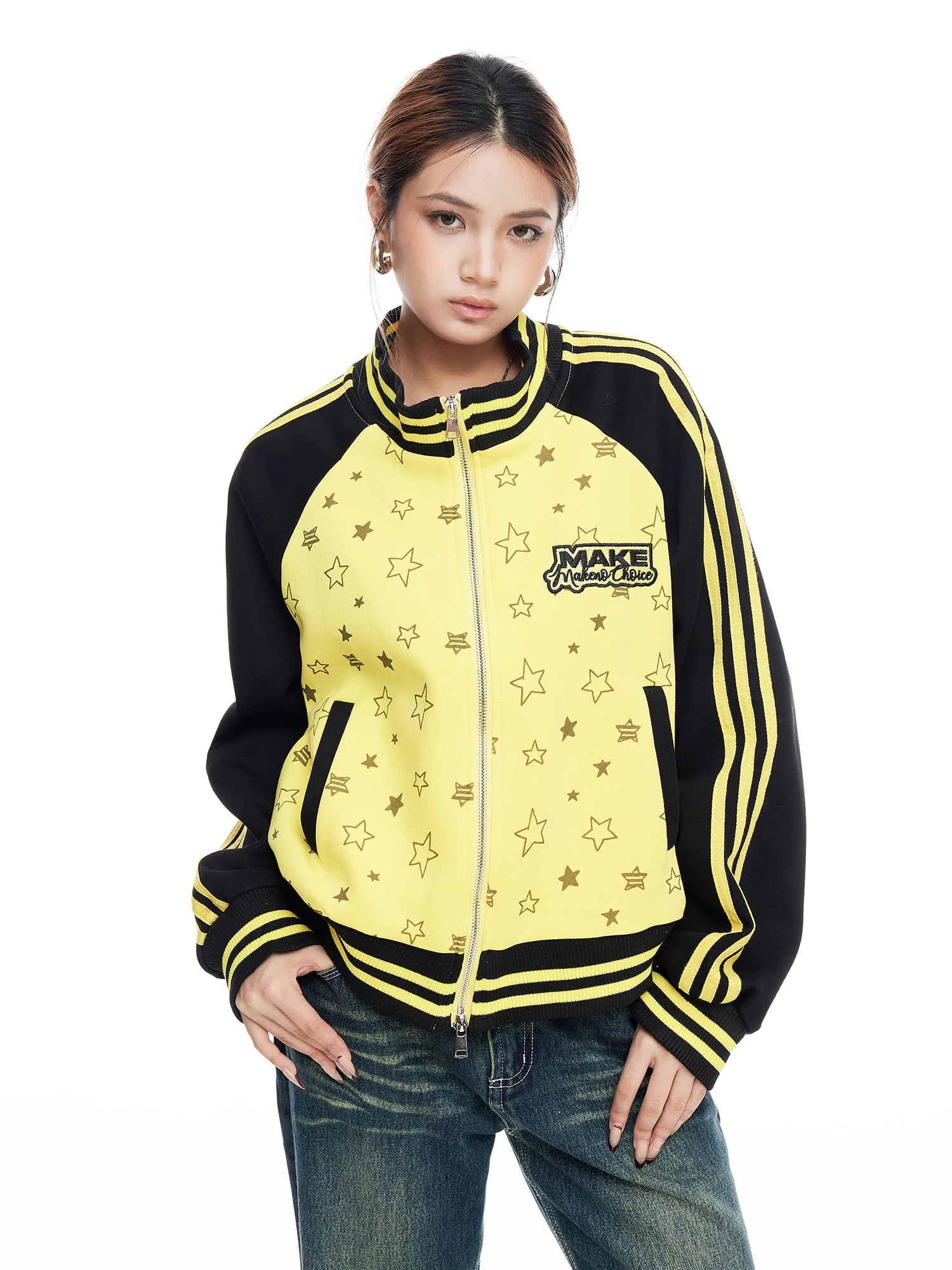 

Женская куртка с воротником-стойкой в стиле ретро, американская звезда, цвет Blo ort, утягивающий дизайн, осенняя новая верхняя одежда Sle Faion, пальто