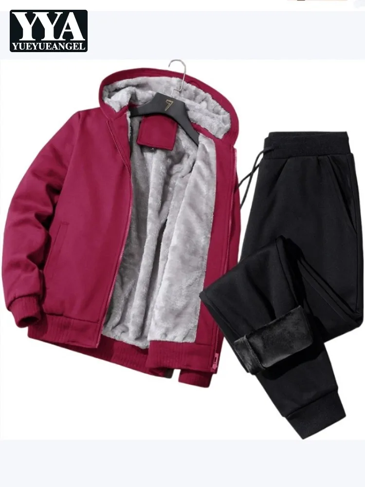 

Autumn Winter Solid Color Zip Mens Fleece Lining Coat Pant Sets Male Hooded Jacket Two-Piece Set Warm Elastic Waist Pant Outfits