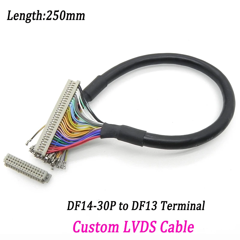 250mm Single End LVDS Cable 1.25mm Pitch 30Pin DF14 to DF13 Terminal Wire Harness for Industrial LCD Display Panel