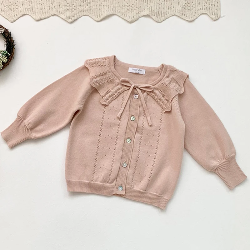 Autumn 1-7Yrs Kids Knitted Cardigan Girls Long Sleeve Knit Lace Sweater Ruffle Spring Baby Clothing Girls Cardigan Sweaters Coat