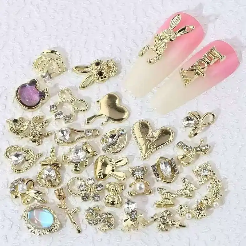 

30Pcs Gold Alloy Nail Charms 3D Rhinestone Pearl Bow Butterfly Metal Nail Art Decoration