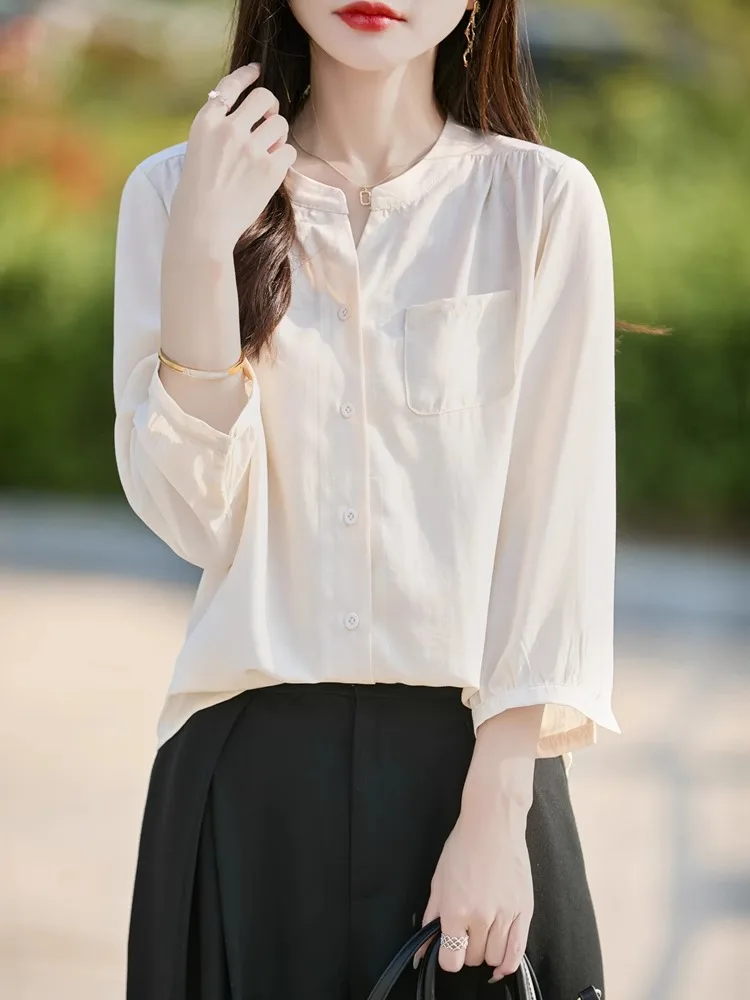 캐주얼 루즈핏 7부 소매 셔츠 여성용 얇은 브이넥 봄 여름 패션 예술적 스타일 고급스러운 블라우스