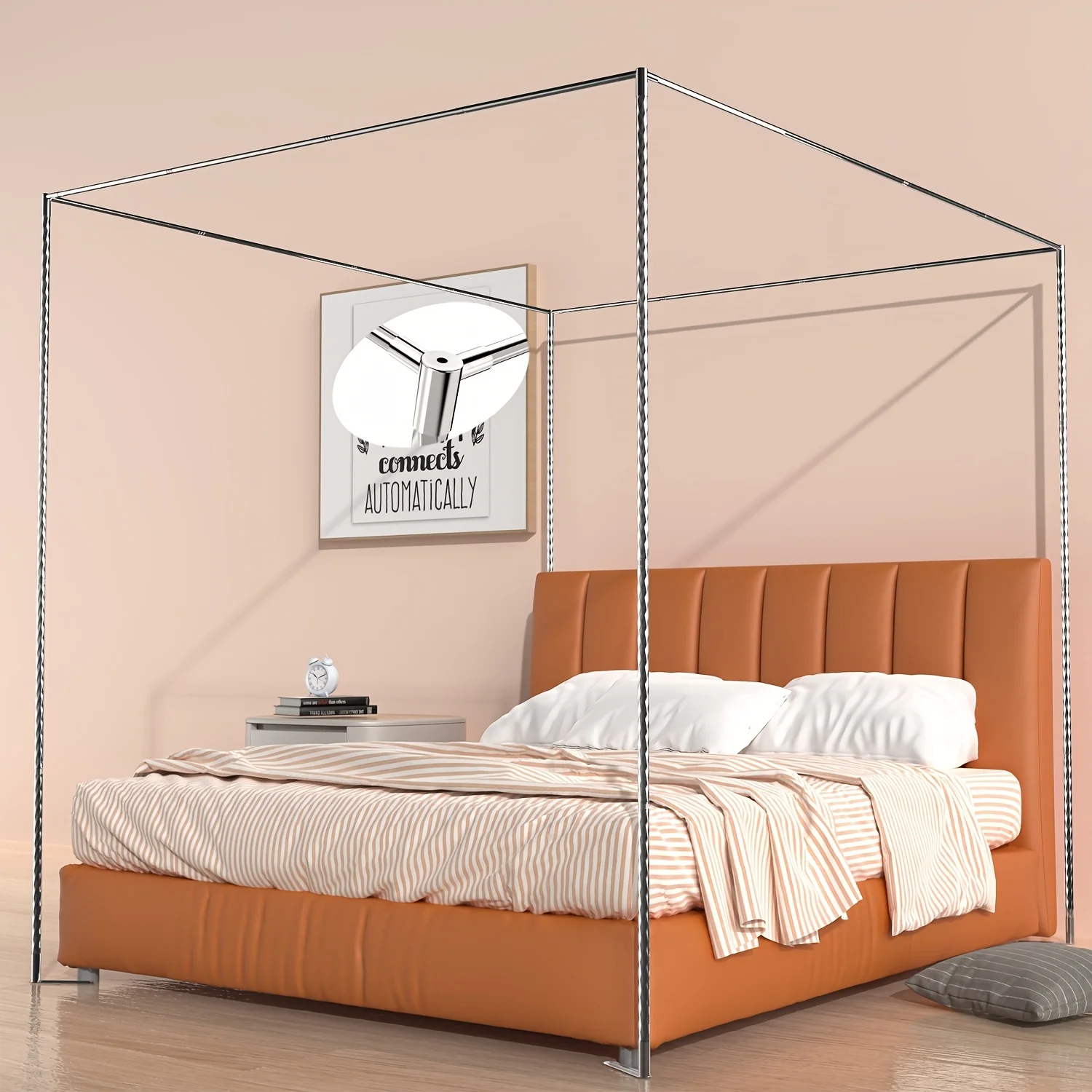 MARIIS Stainless Steel Canopy Bed Frame Queen Size, Bed Post Poles Bed Canopy Frame, Thickened Bed Frame Bracket for Metal Bed Wood Bed Mosquito Curtains Bedroom Decor view 2