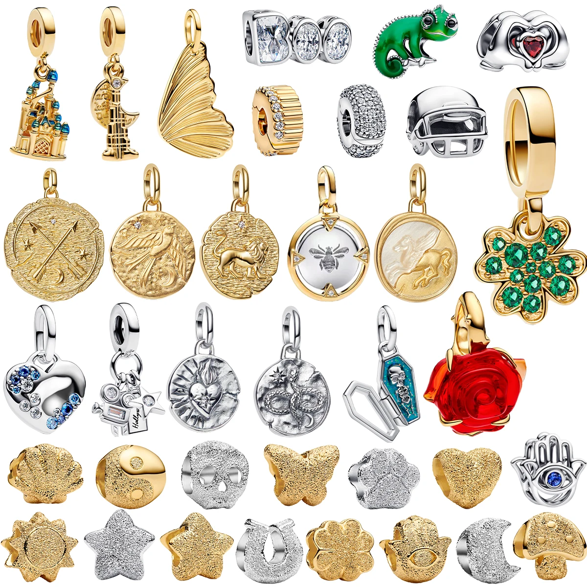 Nuevo Abalorios redondos dorados de Plata de Ley 925, cuentas de caballo, León, Castillo, pendientes, anillos, pulseras, collares, regalo de joyería DIY para mujer