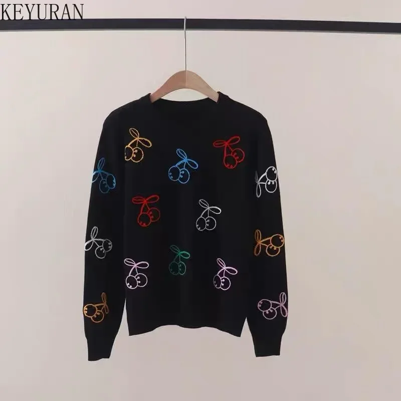 Sweet Colorful Cherry Embroidery Pullover Sweater Women Round Neck Long Sleeve Versatile Slim Base Sweaters Jumpers Sueter Mujer