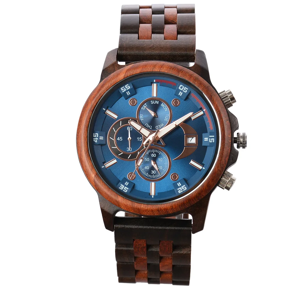 Amazon's hot selling men's sandalwood quartz watch cross-border e-commerce spot three-eye multi-function large dial wooden watch