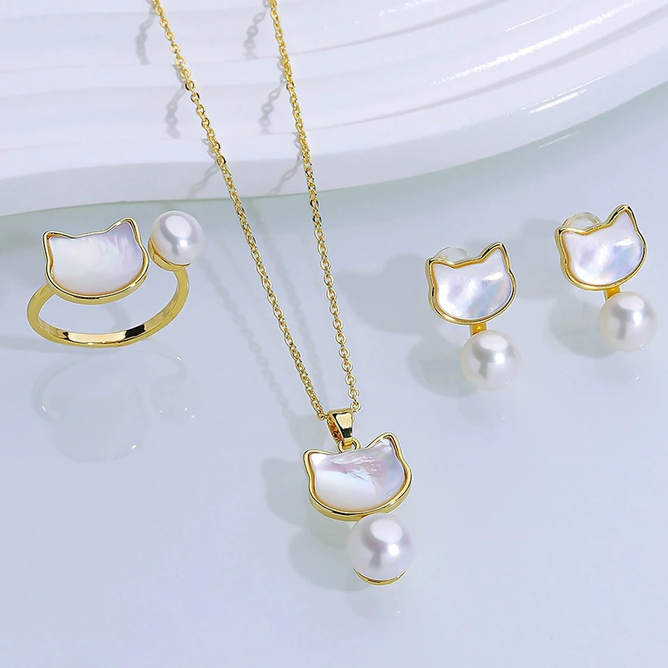 Katze 7mm Süßwasser Perlen Set Schmuck für Frauen Muschel Anhänger Ohrringe Stud Party Charm Geschenkset natürliche Perle Ring weiß