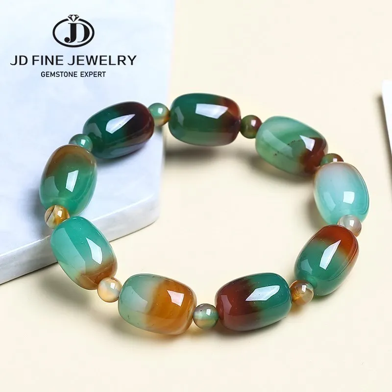 JD Natural Stone Colorful Green Peacock Agates Bracelet Women Elegant Drum Barrel Shape Jade Beads Bangles Jewelry Party Gifts