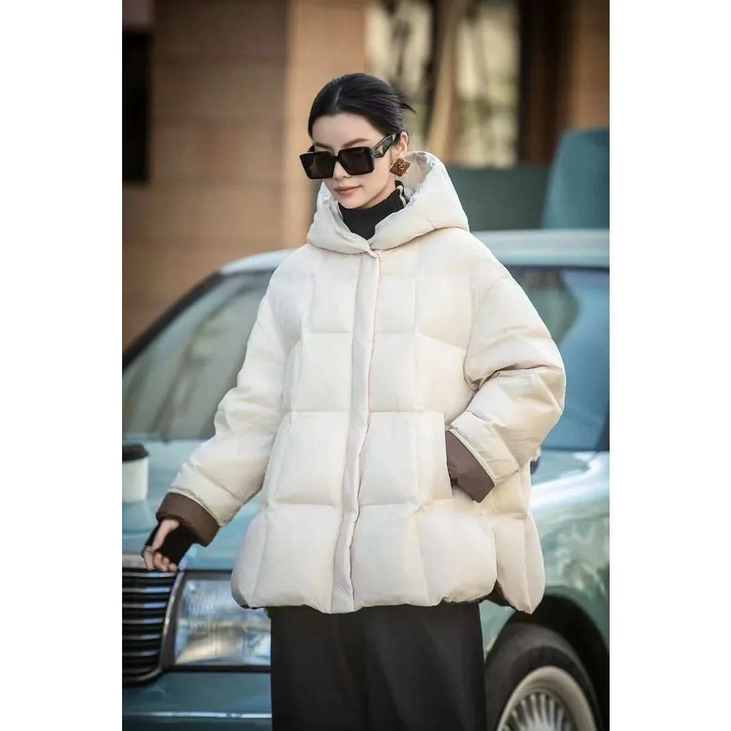 المرأة سترة شتوية المتضخم ألف خط التباين اللون مقنعين رشاقته معطف دافئ الفنية المرقعة سترة منفوخة العصرية