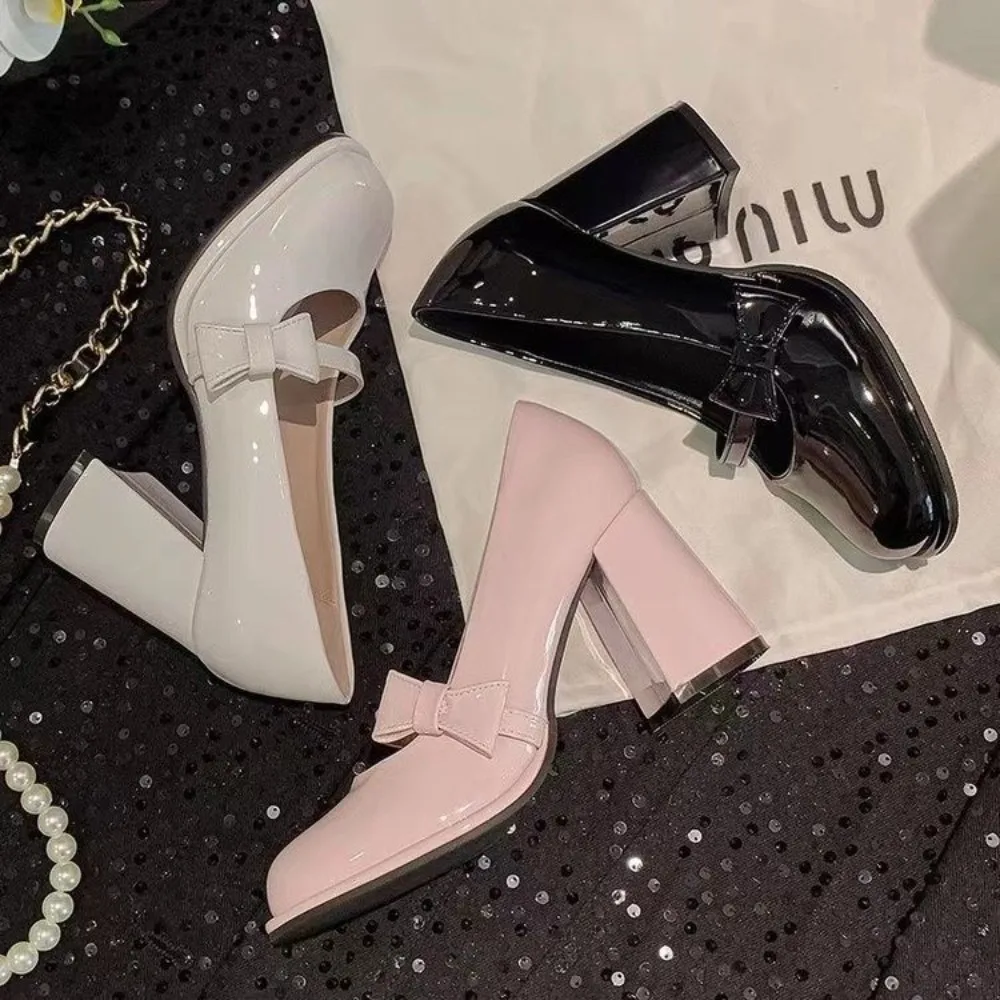 

Designer Spring/autumn Mid Heel Mary Janes Square Toe Square Heel Hot Sale Ladies Shoes New Solid Butterfly-knot Fashion Pumps