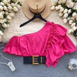 Chic sweet Ruffle Puff Short Sleeve Diagonal Blouse with Belt Elegant French Fashion Top Party Summer Women Shirt