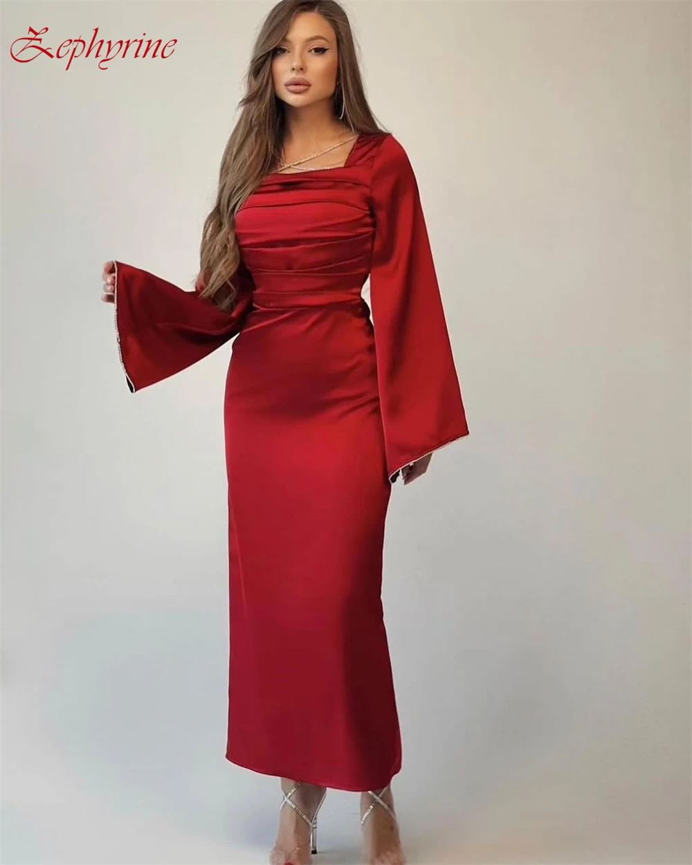 Customized Elegant Red Square Collar Off the Shoulder Eveing Dress High QualitySatin Long Sleeves A-line Prom Dresses For Women