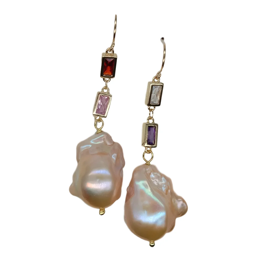 

Y·YING natural Cultured Pink Keshi Pearl Cz pave Chain Dangle Hook Earrings classic for women