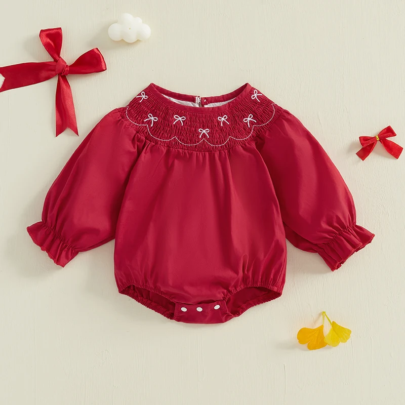 Toddler Baby Girl Romper Autumn Cute Bow Embroidery Smocked Round Neck Long Sleeve Bubble Jumpsuit for Infants Newborn