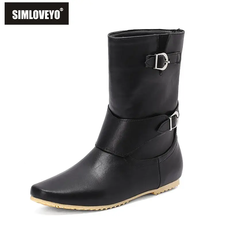 

SIMLOVEYO Brand Mid Calf Boots Sale Oversize 45 46 47 48 Wide Opening Fashion Women Round Toe Slip On Belt Buckles Casual Shoes
