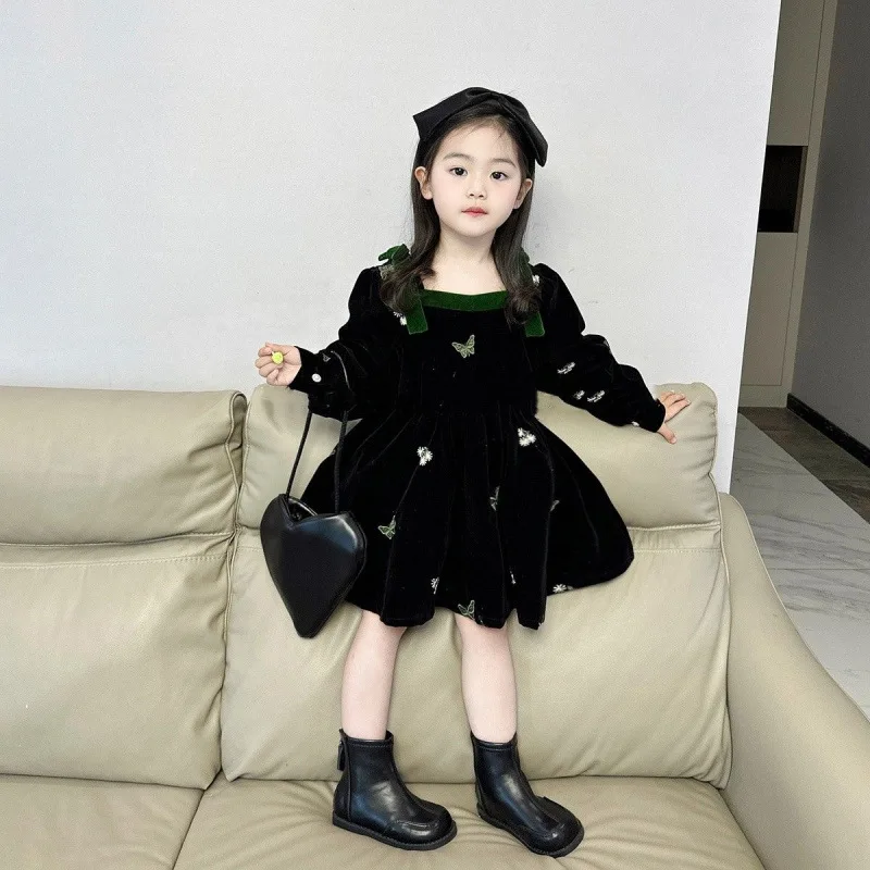 

2025Girls' New Korean Style Butterfly Velvet Hepburn Style Temperament Dress