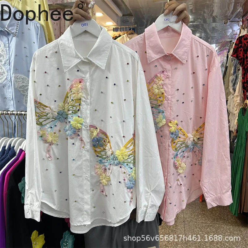 

Spring Summer Loose Long Sleeve Women Blouses Diamonds Embroidery Butterfly Cardigans Top Single-breasted Casual Female Shirts