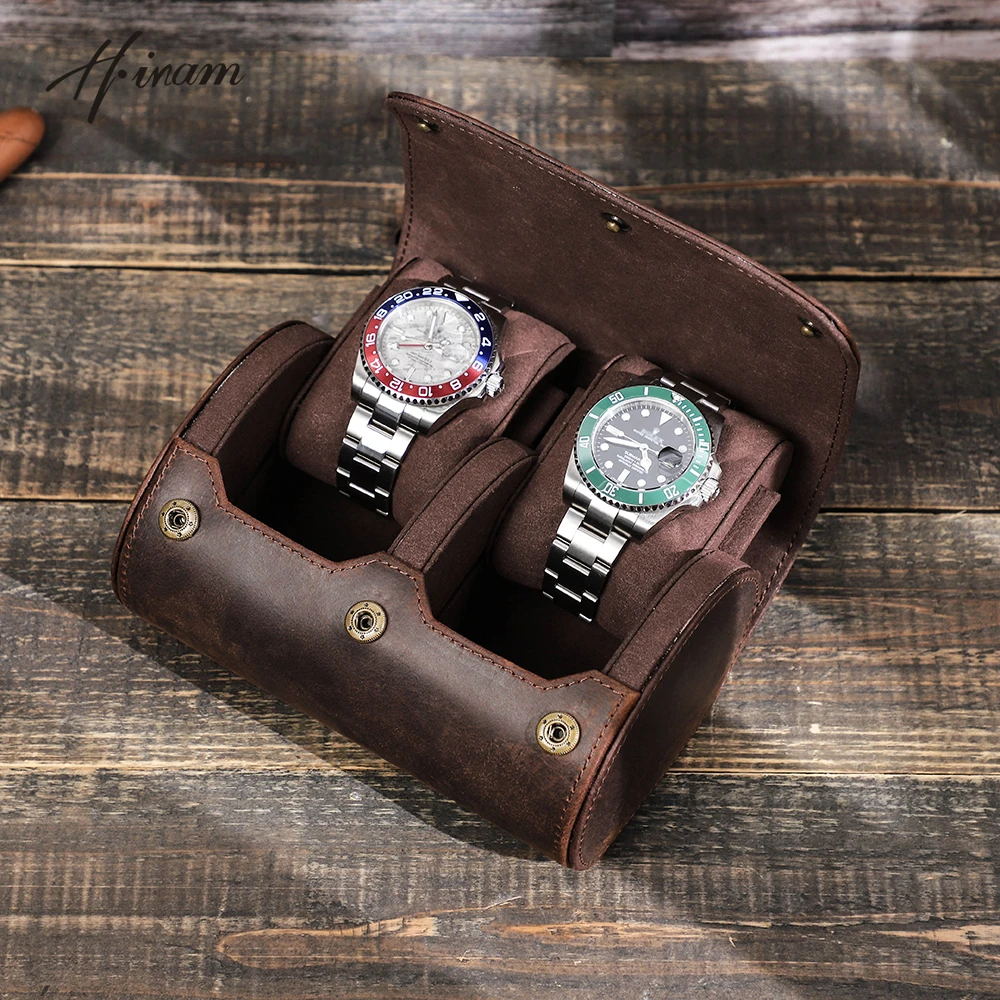 Rollo de reloj Vintage de cuero para hombre, caja de almacenamiento con 2 ranuras, organizador de relojes, pantalla portátil, Chic