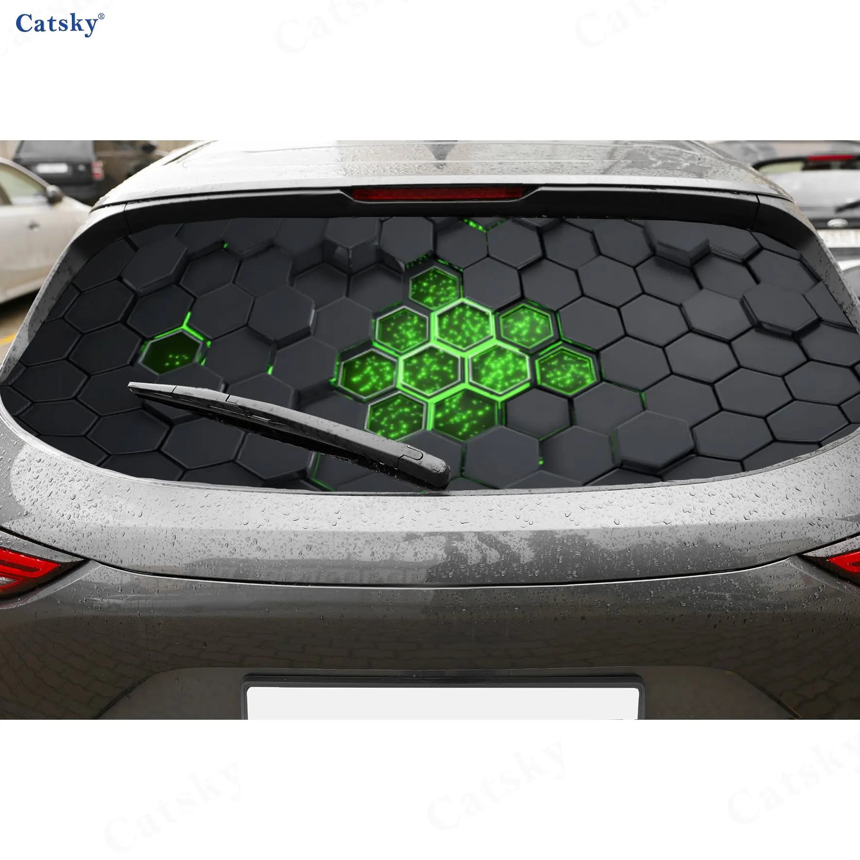 

Black Green Hexagon Future of Technology Style PVC Perforated Car Vinyl Wraps, Durable Car Rear Windshield Sticker, Waterproof C