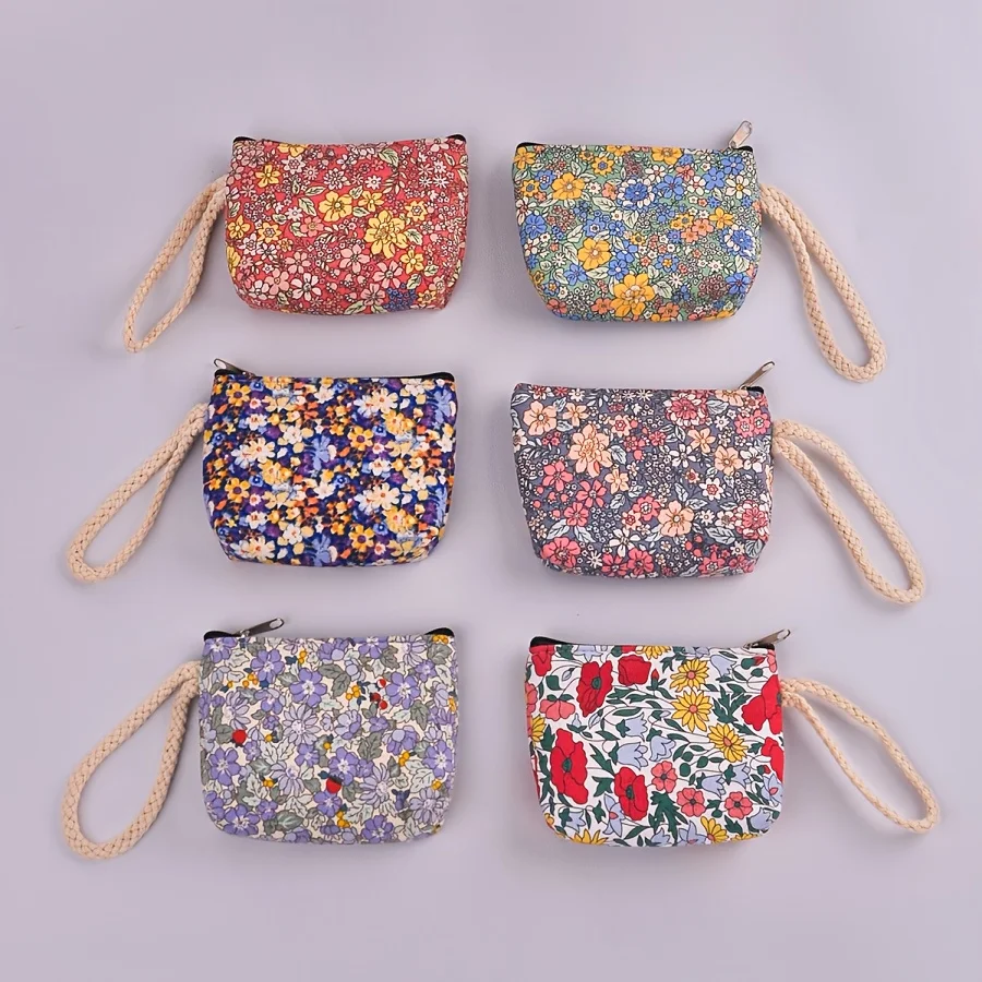 

6pcs Assorted Bohemian Flower Coin Purses Featuring Bright And Lively Floral Storing Jewelry Equipped with Handles