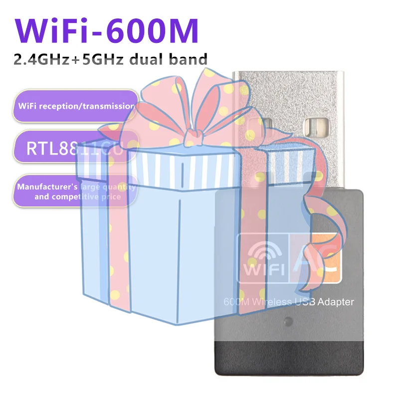 

Беспроводной USB-адаптер Wi-Fi 600 Мбит/с, сетевая карта для ПК, двухдиапазонный Wi-Fi 2,4 ГГц/5 ГГц, адаптер для ноутбука