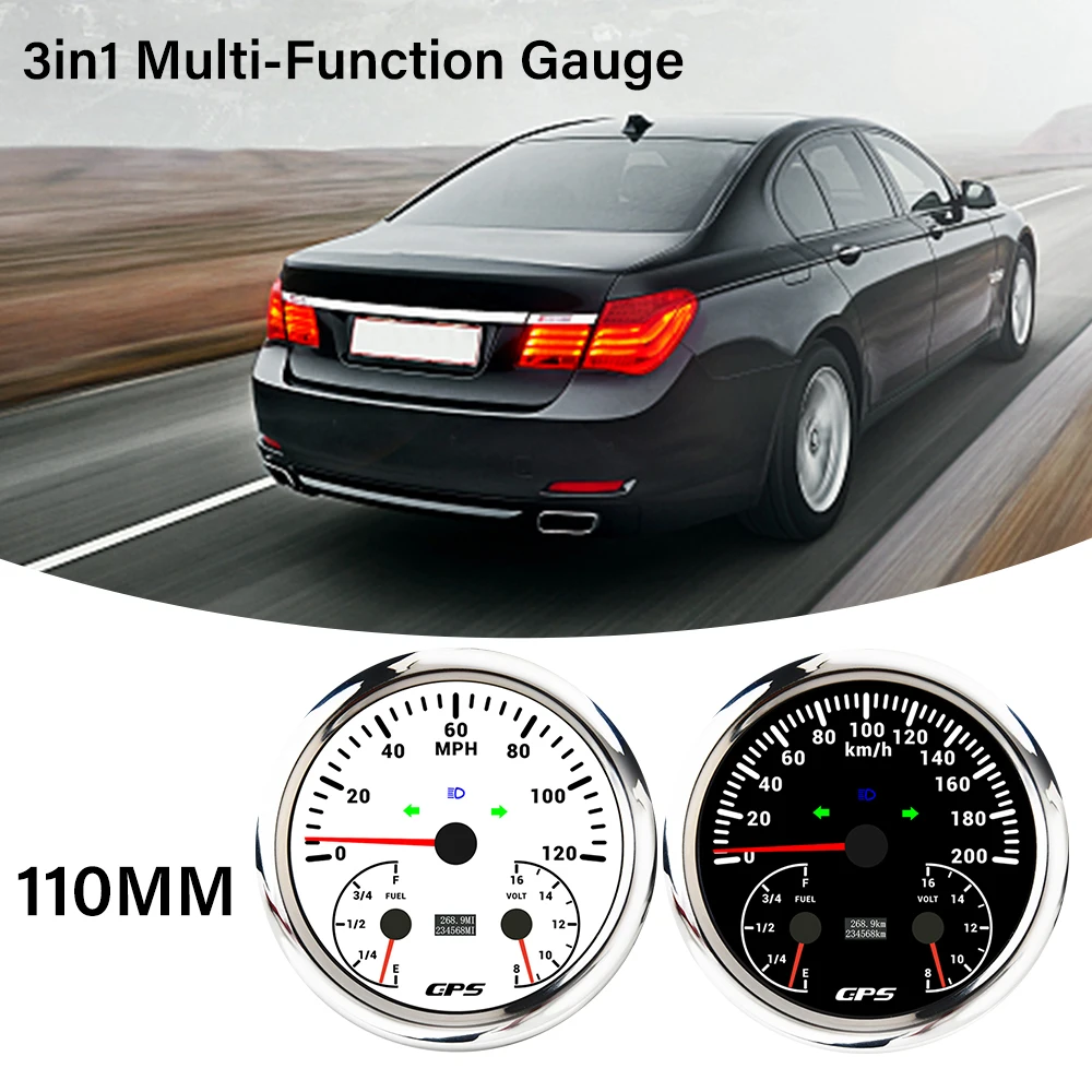 

ELING Universal 110mm 3 in 1 Multifunctional 120km/h 200MPH GPS Speedometer with Fuel Level Voltmeter 7 Colors Backlight for Car