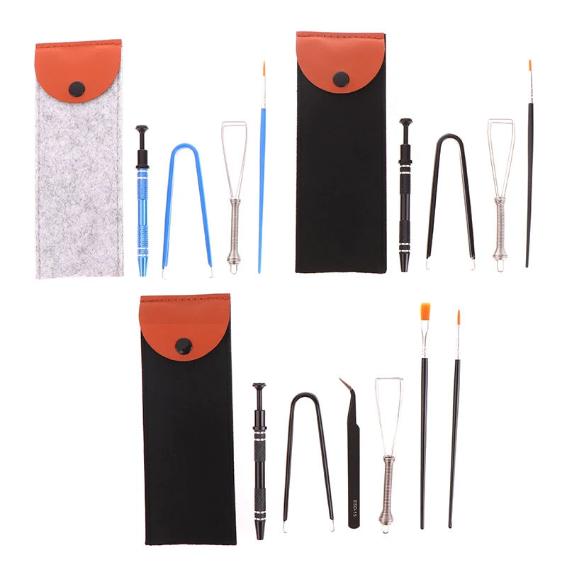 1Set Keyboard Cleaning Tool Kit Metal Keycap Puller Stem Holder Switch Puller Lubrication Pen Lube Brush Storage Bag