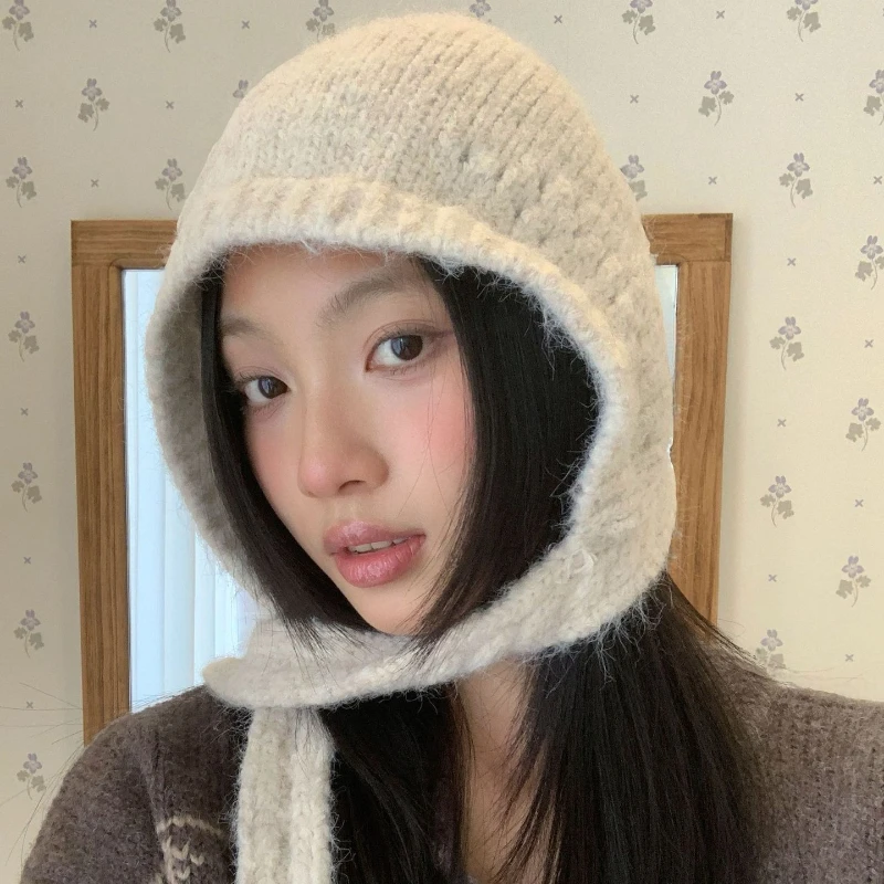 Koreanische, einfarbige, warme, dicke Pullover-Balaclava-Mütze für Herbst und Winter, Outdoor-Bombermütze mit Schnürung zum Schutz der Ohren für Damen – Detail 2
