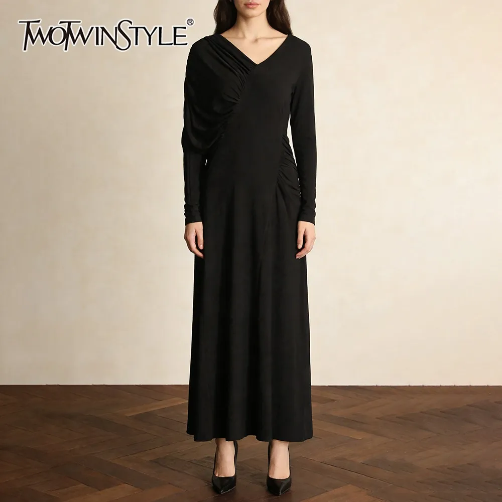 TWOTWINSTYLE Black Spliced Folds Dress Female V Neck Long Sleeve Loose Gentle Intellectual Women's Dresses Autumn Fashion New