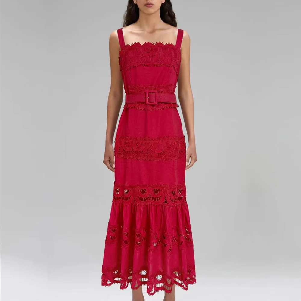 TWOTWINSTYLE Solide Aushöhlen Elegante Kleider für Frauen Square Neck Ärmellose Patchwork Spitze Kleid Weibliche Mode Kleidung Neue