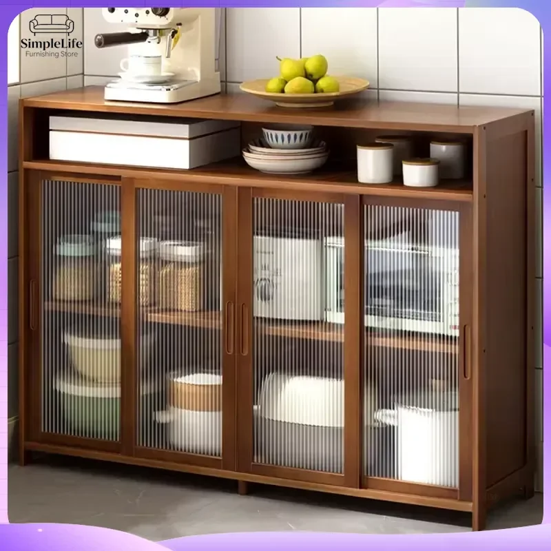 Modern Minimalist Kitchen Cabinet Dustproof Bidirectional Sliding Door Sideboard Bamboo Storage Cabinet Dining Room Buffet