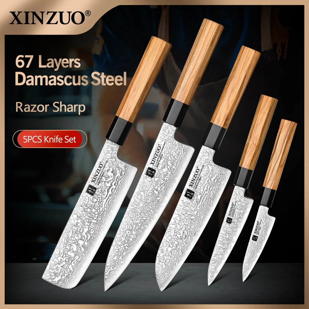 

XINZUO 5PCS Kitchen Knife Sets Wood Handle Damascus Steel Sharp Chef Santoku Cleaver Slicing Utility Fruit Knives Cooking