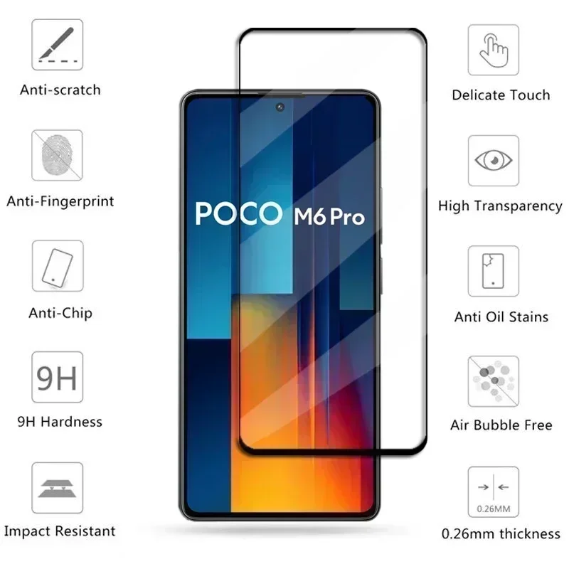 Full Cover Glass For Poco M6 Pro Tempered Glass Poco M6 Pro Screen Protector HD Protective Phone Lens Film Poco M6 Pro 4G Glass