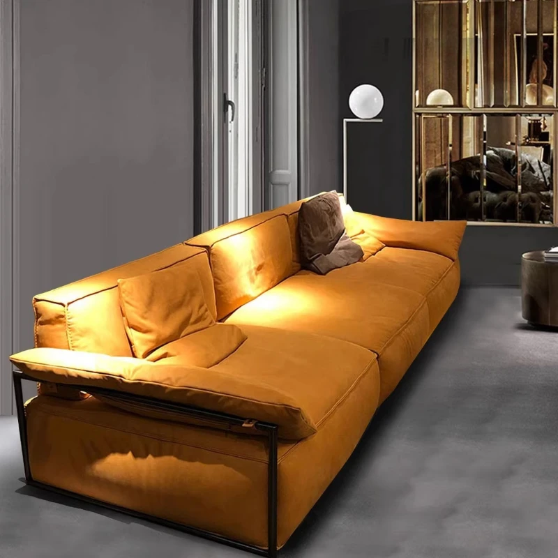 Italian minimalist leather sofa first layer cowhide small apartment down straight row three people