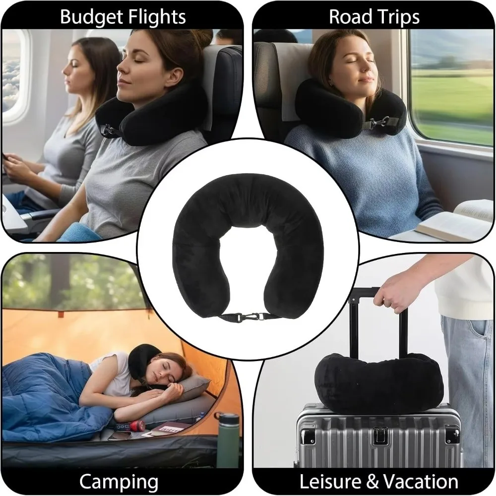 Portable Travel Neck Pillow Solid Color Fillable Storage Bag Pillow with Strap Crystal Fleece Travel Bag Pillow Airplane Travel