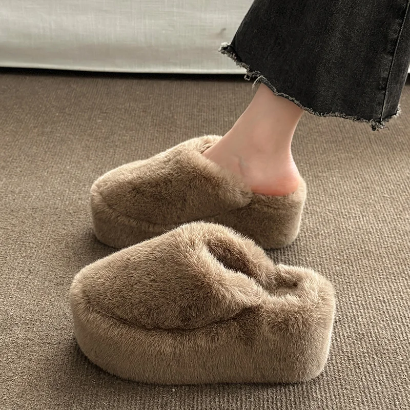 House Slippers Platform Flat Shoes Female On A Wedge Slipers Women Cover Toe Fur Flip Flops Winter Footwear Slides Heeled Mules